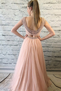 Chic Two Piece Round Neck Cap Sleeves Backless Prom Dress with Lace Beading OHC181 | Cathyprom