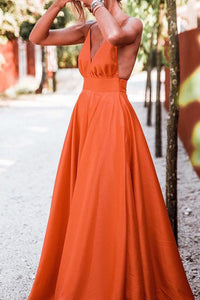 Simpel A-Line Deep V-Neck Floor-length Pleats Backless Prom Dress OHC163 | Cathyprom
