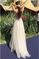 A-Line V-Neck Backless Floor-Length Ivory Tulle Prom Dress with Beading Z15