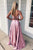 Two Piece Square Lace Up Pink Split Long Prom Dress with Lace Pockets D25