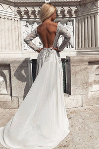 A-Line Bateau Long SleevesBackless Prom/Evening Dress with Beading  OHC168 | Cathyprom