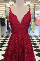 Elegant A-line V-neck Sleeveless Long Lace Red Prom Evening Dress with Appliques OHC578