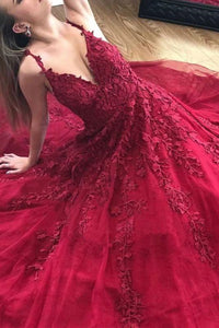 Elegant A-line V-neck Sleeveless Long Lace Red Prom Evening Dress with Appliques OHC578