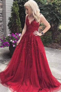 Elegant A-line V-neck Sleeveless Long Lace Red Prom Evening Dress with Appliques OHC578