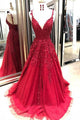Elegant A-line V-neck Sleeveless Long Lace Red Prom Evening Dress with Appliques OHC578