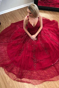 Elegant A-line V-neck Sleeveless Long Lace Red Prom Evening Dress with Appliques OHC578