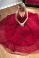 Elegant A-line V-neck Sleeveless Long Lace Red Prom Evening Dress with Appliques OHC578