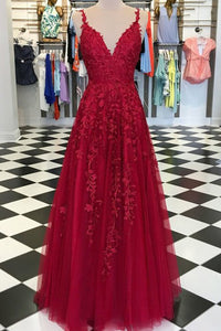 Elegant A-line V-neck Sleeveless Long Lace Red Prom Evening Dress with Appliques OHC578