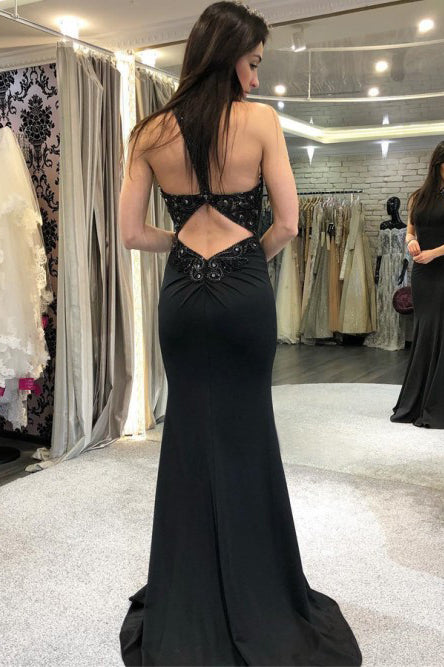 Black Crew Open Back Long Prom Dress Mermaid Beaded Evening Dress LPD0 cathyprom Black Crew Open Back Long Prom Dress Mermaid Beaded Evening Dress LPD0 cathyprom