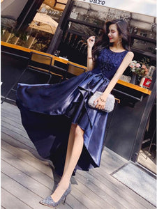 Simple Prom Dresses A-Line Crew High Low Navy Blue Satin Prom Dress with Appliques OHC583