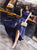 Simple Prom Dresses A-Line Crew High Low Navy Blue Satin Prom Dress with Appliques OHC583