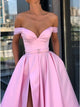 A-Line Off-the-Shoulder Sweep Train Long Pink Satin Prom Dress with Pockets Split OHC582