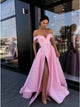 A-Line Off-the-Shoulder Sweep Train Long Pink Satin Prom Dress with Pockets Split OHC582