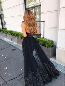 Mermaid Sweetheart Backless Black Beaded Long Tulle Prom Dress with Appliques Split OHC588