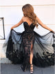 Mermaid Sweetheart Backless Black Beaded Long Tulle Prom Dress with Appliques Split OHC588
