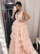 Cheap Prom Dresses A-Line Crew Floor-Length Pink Tiered Long Tulle Prom Dress with Beading OHC585
