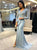 Sexy Mermaid V-Neck Long Sleeves Sweep Train Light Blue Beaded Prom Dress with Split OHC587