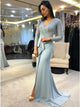 Sexy Mermaid V-Neck Long Sleeves Sweep Train Light Blue Beaded Prom Dress with Split OHC587