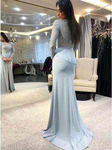 Sexy Mermaid V-Neck Long Sleeves Sweep Train Light Blue Beaded Prom Dress with Split OHC587