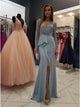 Sexy Mermaid V-Neck Long Sleeves Sweep Train Light Blue Beaded Prom Dress with Split OHC587
