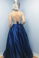 A-Line V-Neck Backless Sweep Train Dark Blue Satin Prom Dress with Beading L11