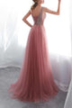 A-Line V-Neck Sweep Train Pink Tulle Prom Dress with Beading OHC036 | Cathyprom