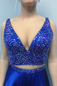 Two Piece V-Neck Sweep Train Royal Blue Prom Dress with Beading Split L10