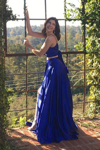 Two Piece Spaghetti Straps Backless Royal Blue Long Prom Dress with Split Pockets OHC001 | Cathyprom