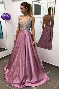A-Line Deep V-Neck Backless Floor-Length Long Pink Prom Dress Evening Dress with Beading OHC570