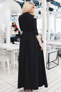 A-Line V-Neck 3/4 Sleeves Cold Shoulder Black Long Prom Dress with Split Sash CAD64 | Cathyprom