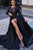 A-Line Round Neck Long Sleeves Overskirt Black Long Prom Dress with Lace CAD65 | Cathyprom