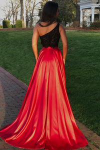 Two Piece One-Shoulder Lace Bodice Sweep Train Red Prom Dress with Split OHC037 | Cathyprom