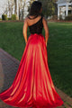 Two Piece One-Shoulder Lace Bodice Sweep Train Red Prom Dress with Split OHC037 | Cathyprom