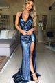 Sexy Prom Dress Mermaid Deep V-Neck Sweep Train Navy Blue Long Sequined Prom Dress with Split OHC569