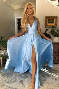 Simple Prom Dress A-Line V-Neck Open Back Sweep Train Light Blue Long Prom Dress with Split OHC568
