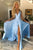 Simple Prom Dress A-Line V-Neck Open Back Sweep Train Light Blue Long Prom Dress with Split OHC568