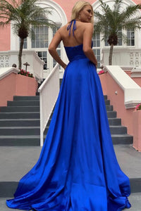 A-Line Halter Backless Sweep Train Royal Blue Prom Dress with Split LPD88 | Cathyprom