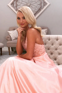 Charming A-Line Halter Backless Sweep Train Long Pink Prom Dress with Appliques OHC579