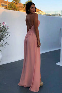 A-Line Deep V-Neck Backless Floor-Length Pink Chiffon Prom Dress with Split CAD60 | Cathyprom