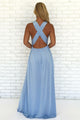 A-Line V-Neck Criss-Cross Back Light Blue Chiffon Long Prom Dress with Split L8