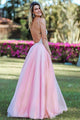 A-Line Spaghetti Straps Backless Pink Organza Long Prom Dress with Beading Sequins D23