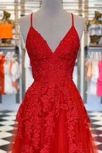 Elegant A-Line Spaghetti Straps Red Tulle Sweep Train Long Prom Evening Dress OHC571