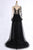 A-Line V-Neck Sweep Train Long Sleeves Split-Side Black Prom Dress with Appliques P38