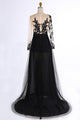 A-Line V-Neck Sweep Train Long Sleeves Split-Side Black Prom Dress with Appliques P38