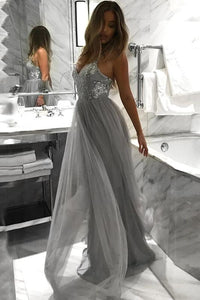 Spaghetti Straps Appliques Grey A Line Tulle Long Prom Dress TL6854
