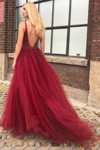 Sexy Deep V-Neck A Line Prom Dress Long Charming Appliques Beaded Prom/Evening Gowns PIN07123|CathyProm