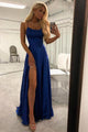Simple A Line Spaghetti Straps Sweep Train Backless Sleeveless Long Satin Prom Dress With Pockets OHC271 | Cathyprom