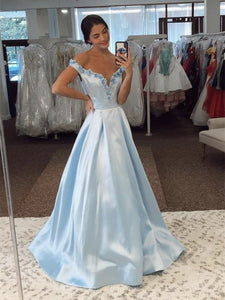 Off the Shoulder Light Blue A-line Satin Prom Dresses SN3113