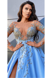 Sexy Prom Dress Blue Satin A-Line Side Slit Long Sleeves Prom Dresses Evening Dresses OHC600