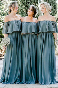 A-Line Off-the-Shoulder Floor-Length Chiffon Bridesmaid Dress with Ruffles OHS048 | Cathyprom